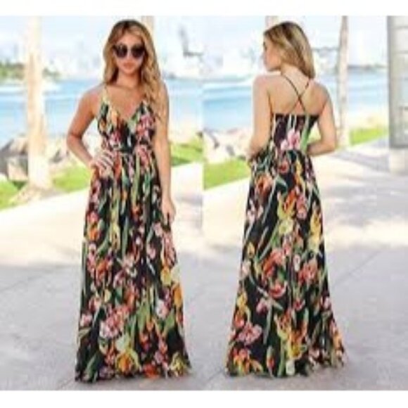 2/$50 NEW Bohemian XL Floral V-Neck Maxi Dress With Cross Back Straps - Picture 2 of 16